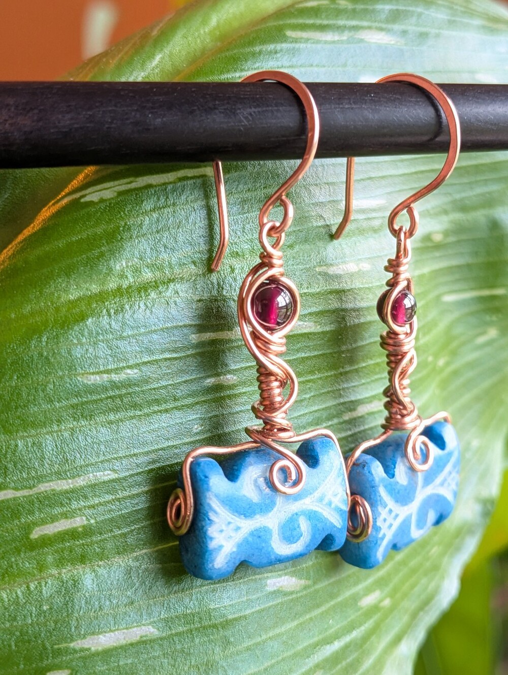 Viking Inspired Earrings Carved Vintage Glass And Garnets In Copper - Picture 7 of 16